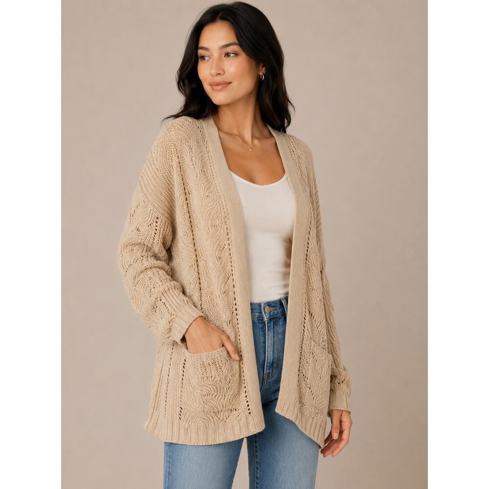 SO Beige Open Knit Cardigan Sweater Womens XL Boho Oversized